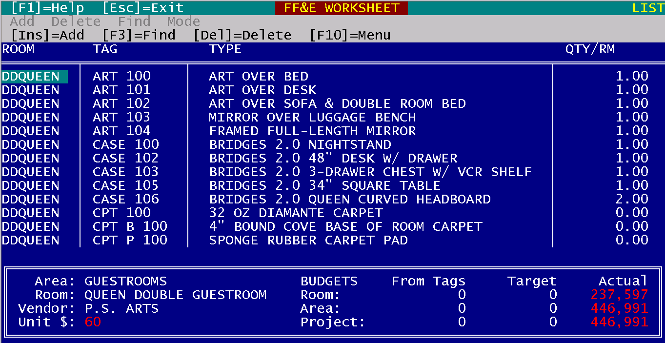 FF&EZ for DOS - FF&E Worksheet Screen
