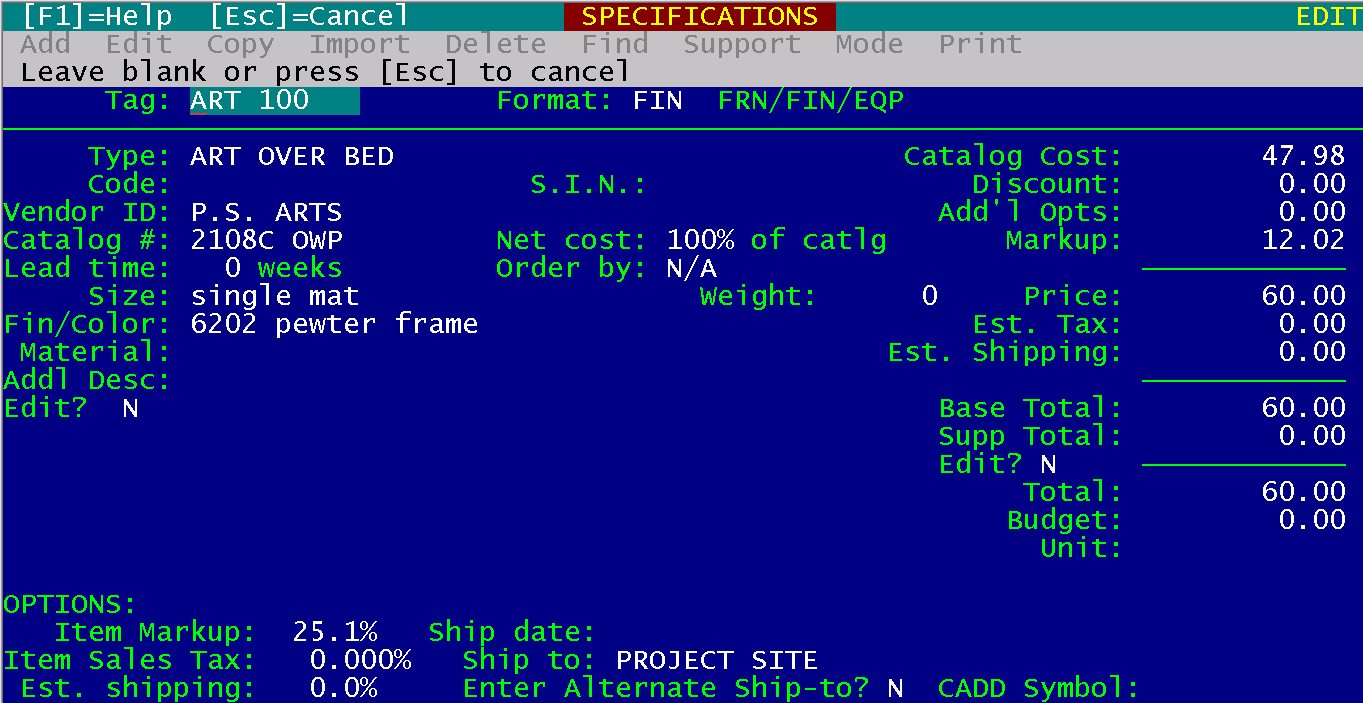 FF&EZ for DOS - Spec Screen